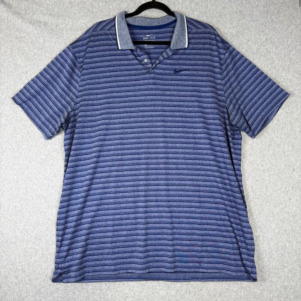 Nike Mens Size XXL Dri Fit Athletic Pullover Polo Blue Stripe Short Sleeves